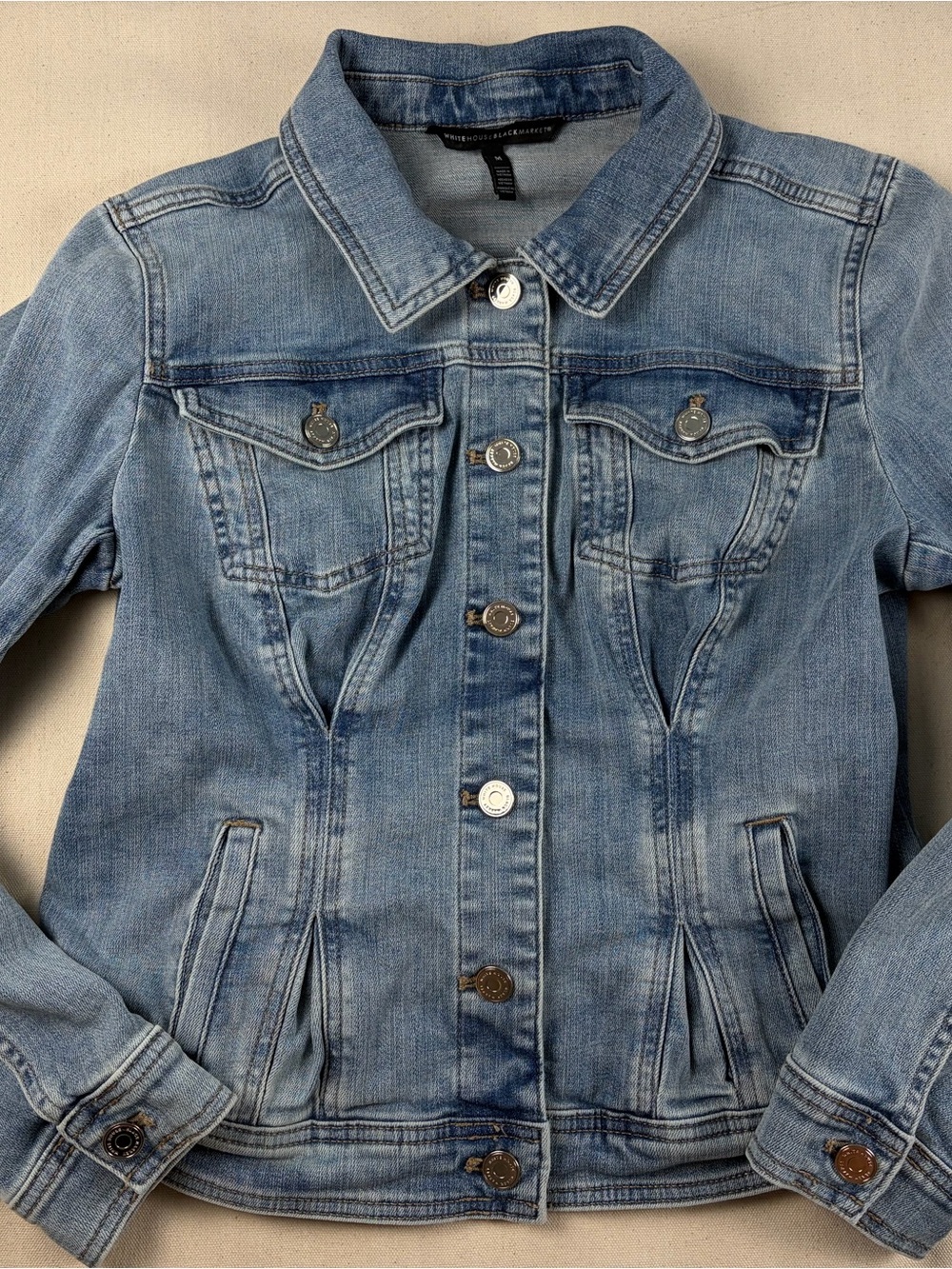 WHBM White House Black Market Denim Jacket Womens M Blue Jean Button Stretch